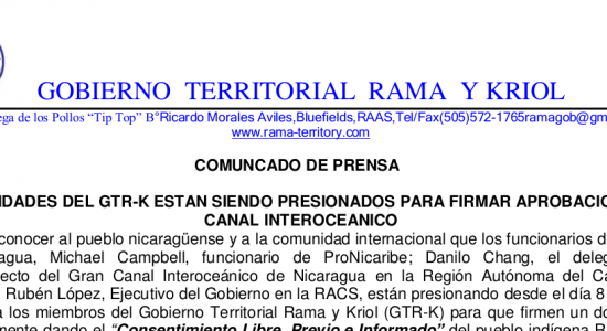Governo pressiona os povos Rama e Kriol da Costa Caribe Sul na Nicarágua a assinar um "suposto" convênio de consentimento, livre, prévio e informado.