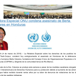 Relatora Especial da ONU condena assassinato de Berta Cáceres em Honduras