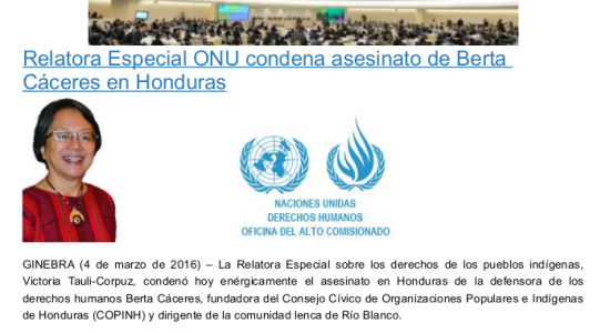 Relatora Especial da ONU condena assassinato de Berta Cáceres em Honduras