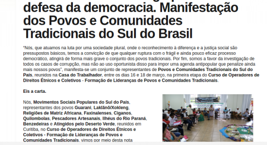 Carta Aberta contra o golpe e em defesa da democracia. Manifestação dos Povos e Comunidades Tradicionais do Sul do Brasil
