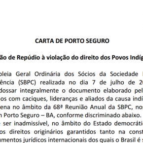 Carta de Porto Seguro encaminhada pelos pesquisadores indígenas e endossada pela assembleia geral da SBPC.