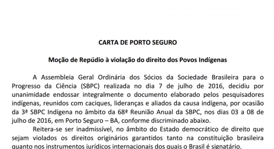 Carta de Porto Seguro encaminhada pelos pesquisadores indígenas e endossada pela assembleia geral da SBPC.