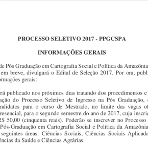 Aviso de Edital de Seleção PPGCSPA 2017-2 em português e inglês