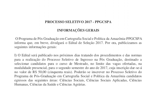 Aviso de Edital de Seleção PPGCSPA 2017-2 em português e inglês