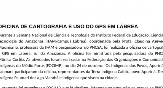 OFICINA DE CARTOGRAFIA E USO DO GPS EM LÁBREA