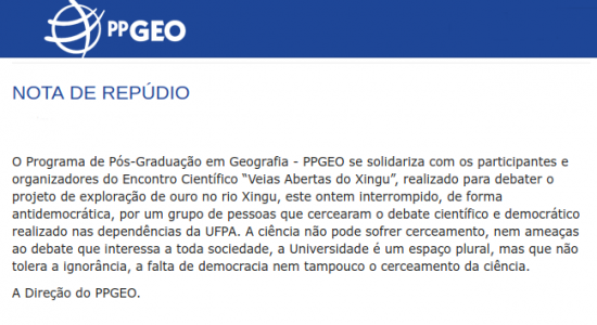 Nota de repúdio emitida pelo Programa de Pós-Graduação em Geografia UFPA contra intimidação sofrida por pesquisadores durante evento