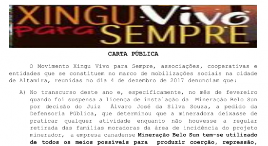 Carta Pública Movimento Xingu Vivo para Sempre