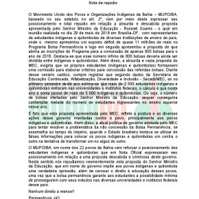 Nota de Repudio do MUPOIBA sobre a redução das bolsas permanencia para estudantes indigenas e quilombolas