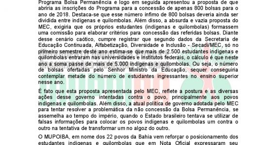 Nota de Repudio do MUPOIBA sobre a redução das bolsas permanencia para estudantes indigenas e quilombolas