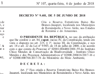 CRIAÇÃO DA RESEX DO BAIXO RIO BRANCO-JAUAPERI