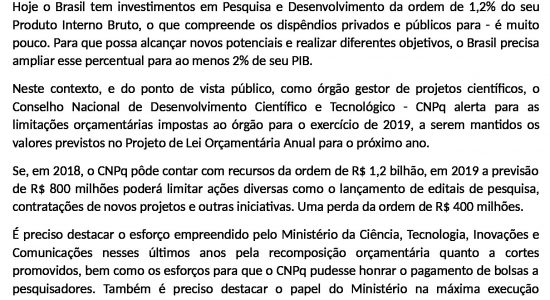Carta Aberta do Presidente do CNPq - A Ciência Brasileira está em Risco