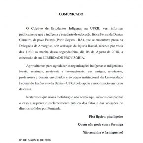 Coletivo de Estudantes Indígenas na Universidade Federal do Recôncavo da Bahia (UFRB),  emite nota de repúdio à prisão da estudante indígena Fernanda Dantas Carneiro