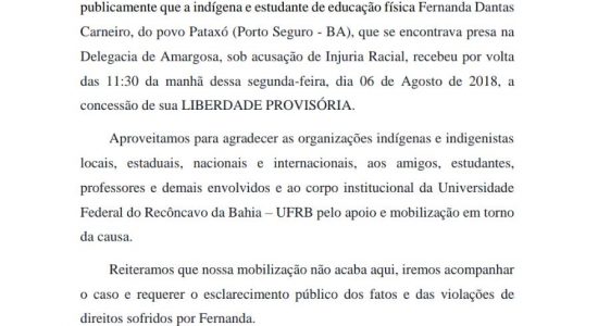 Coletivo de Estudantes Indígenas na Universidade Federal do Recôncavo da Bahia (UFRB),  emite nota de repúdio à prisão da estudante indígena Fernanda Dantas Carneiro