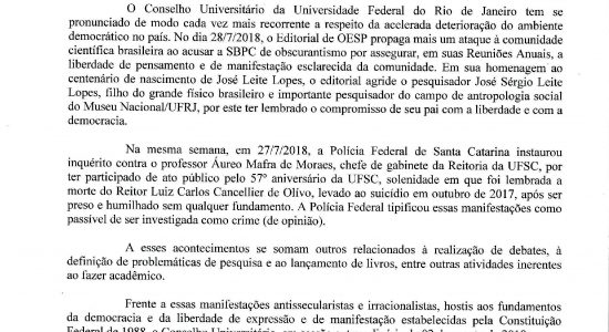 Moção do CONSUNI da UFRJ em defesa da liberdade de pensamento e da SBPC