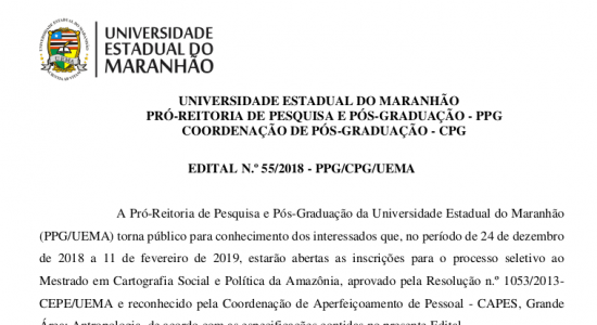 Processo Seletivo para Ingresso no Mestrado em Cartografia Social e Política da Amazônia-PPGCSPA - Semestre 2019/01
