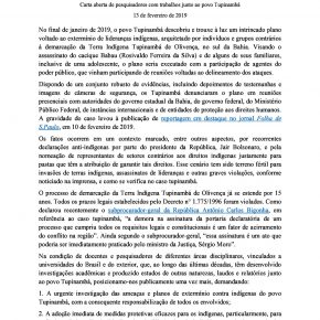 Pela urgente investigação das ameaças e planos de extermínio contra os Tupinambá, pela garantia da segurança dos indígenas e pela imediata conclusão do processo de demarcação da Terra Indígena Tupinambá de Olivença (Bahia)