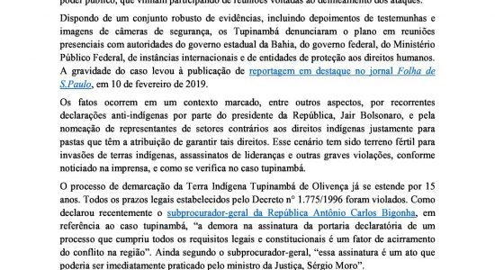 Pela urgente investigação das ameaças e planos de extermínio contra os Tupinambá, pela garantia da segurança dos indígenas e pela imediata conclusão do processo de demarcação da Terra Indígena Tupinambá de Olivença (Bahia) Pela urgente investigação das ameaças e planos de extermínio contra os Tupinambá, pela garantia da segurança dos indígenas e pela imediata conclusão do processo de demarcação da Terra Indígena Tupinambá de Olivença (Bahia)
