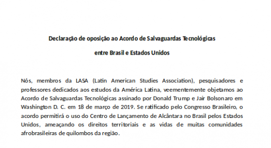 Declaração de oposição ao Acordo de Salvaguardas Tecnológicas entre Brasil e Estados Unidos
