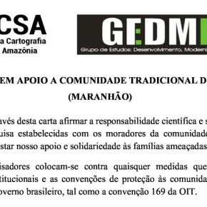 CARTA EM APOIO A COMUNIDADE TRADICIONAL DE CAJUEIRO (MARANHÃO)
