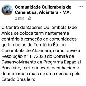 Nota de Repúdio do Centro de Saberes Quilombola Mãe Anica contra resolução ṇº 11/2020.