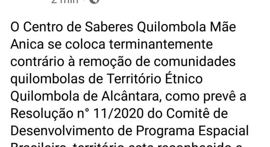 Nota de Repúdio do Centro de Saberes Quilombola Mãe Anica contra resolução ṇº 11/2020.