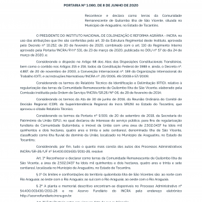 Portaria reconhece e declara como terras da Comunidade Remanescente de Quilombo Ilha de São Vicente - TO