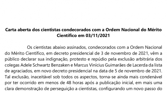 Carta aberta dos cientistas condecorados com a Ordem Nacional do Mérito Científico em 03/11/2021