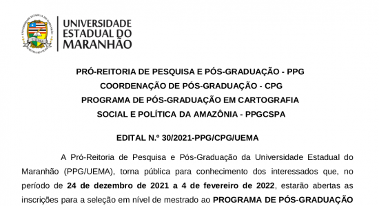 Edital nº 30/2021 - Programa de Pós-Graduação em Cartografia Social da Amazônia
